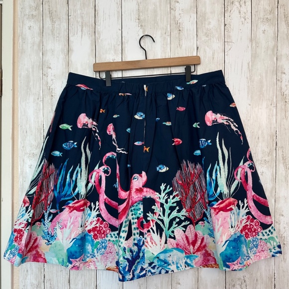 Modcloth Blue Ocean Marine Life Octopus Fish Print Mini A-Line Full Skirt Sz. 2X - Picture 5 of 15